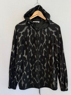 MONARI Women’s XL Black & Gray Hooded Snap Front Sweater Cardigan